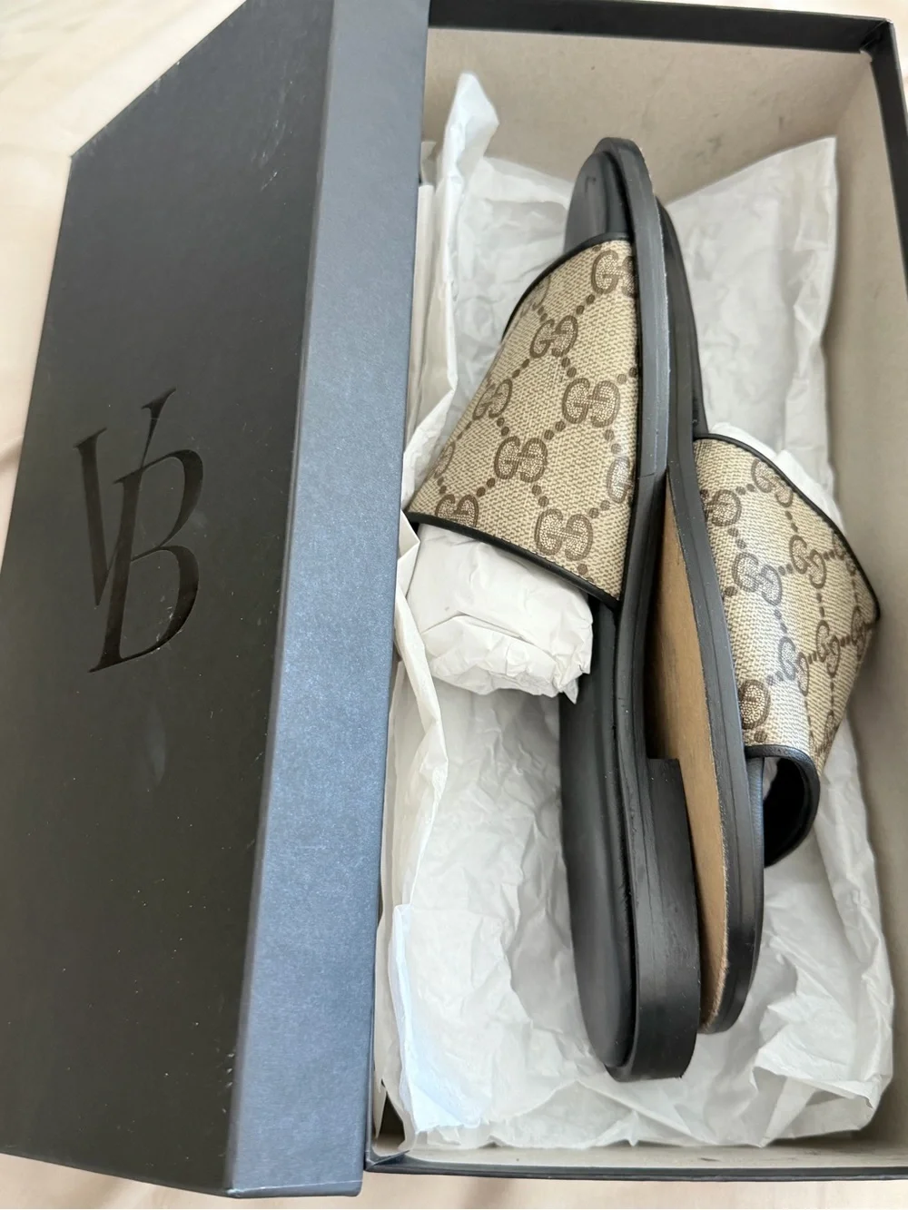 Gucci GG Monogram Slide Sandals Beige Black Made in Italy Size 6.5-7